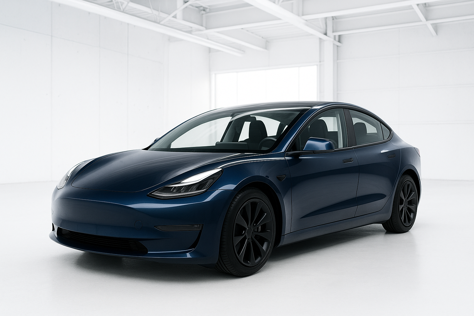 Une tesla model 3 bleu nocturne sans chrome et sans logo visible dans un décor industriel très clair, presque blanc